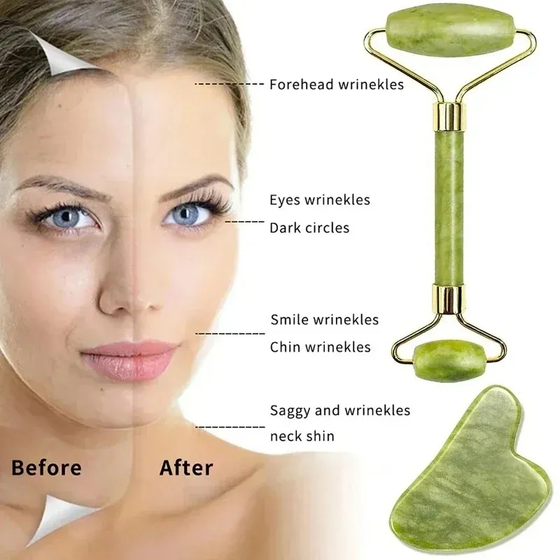 Jade Roller And Guasha Face Roller Facial Beauty Roller Skin Care Tools Massager For Face Eyes Neck Relieve Fine Lines And Wrinkles Natural Stone
