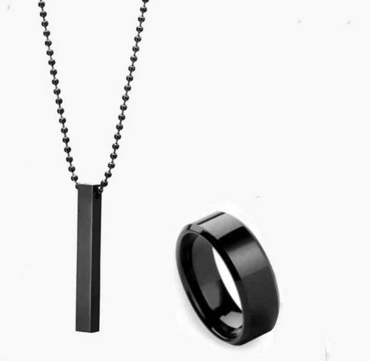 Black Titanium Finger Ring With Cuboid Rectangle Neck Pendant Chain Necklace For Boys And Men (Pack Of 2)