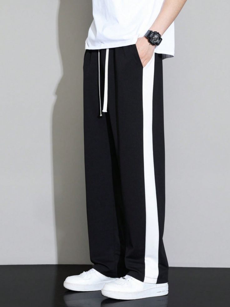 Men's Black Wide Leg Trouser with White Side Stripe