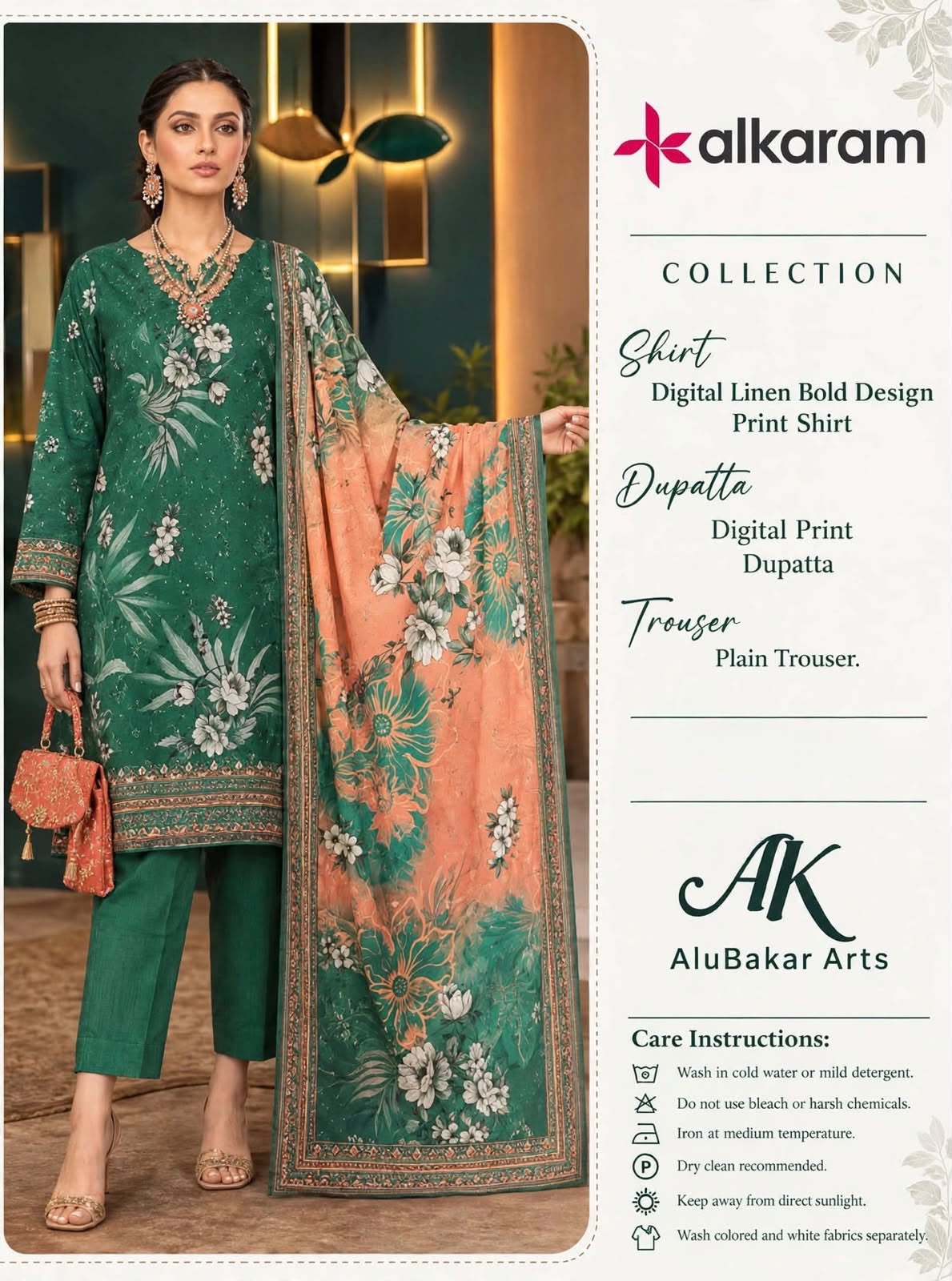 Women's 3 Piece Digital Printed Linen Suit With Same Printed Linen Dupatta and Dyed Trouser