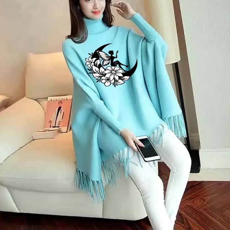New Women's Bat-Wing Style Printed Fleece Poncho