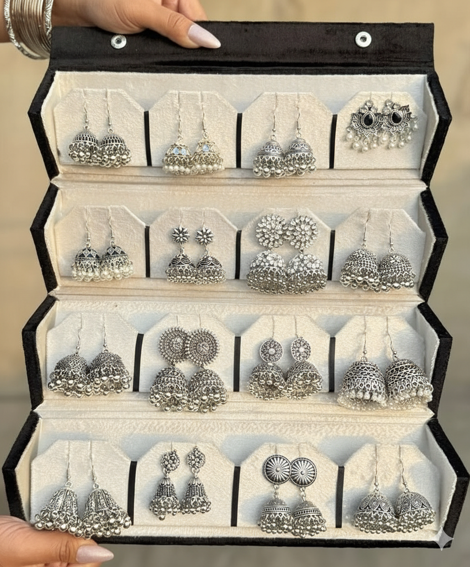 jhumka box 16 pairs antique and silver jhumky beautiful and stylish jhumka earrings 16 pair jhumka earrings with box