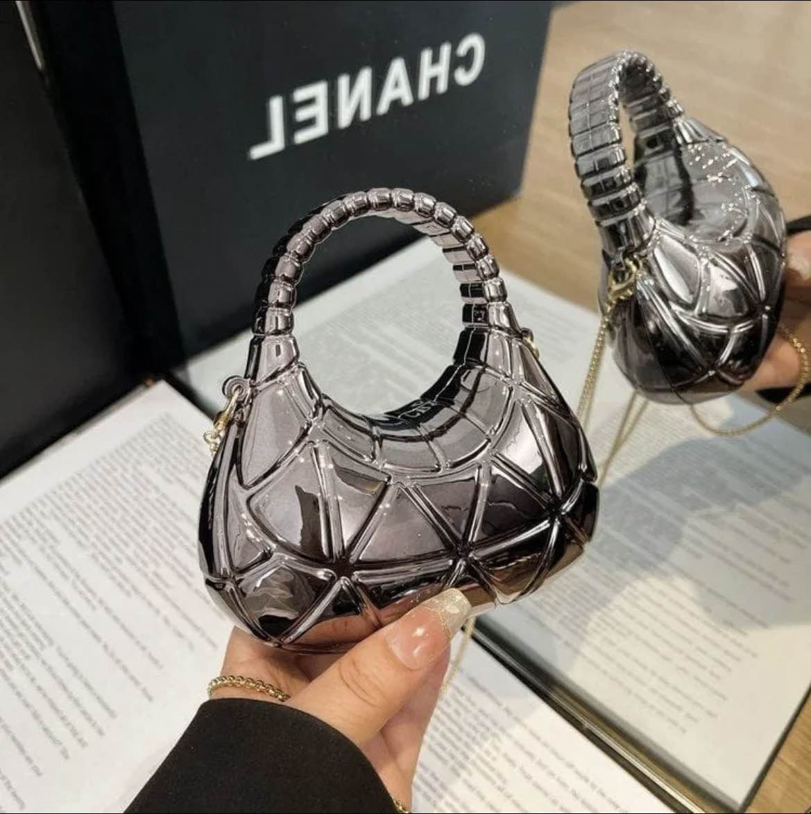 Mini Acrylic Moon Style Clutch With Long Chain for Women & Girls