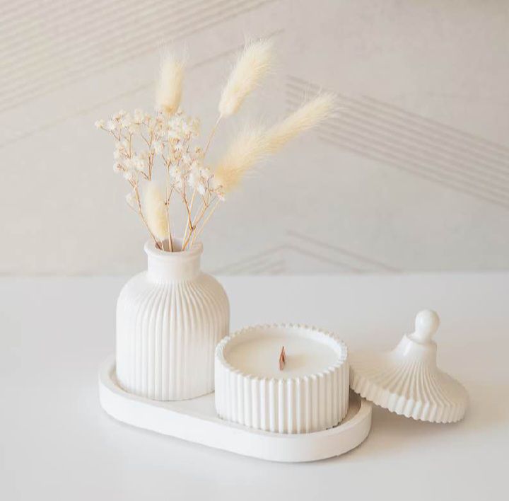 3 Pcs Set of Home Decor  1x Ribbed Concrete Mini Flower Vase, 1x Ribbed Concrete Trinket Jewellery Storage Box & 1x Oval Shaped Concrete Trinket Tray  Storage & Organisation  Decorative Accents  Jewellery Armoires & Boxes  Gift Sets