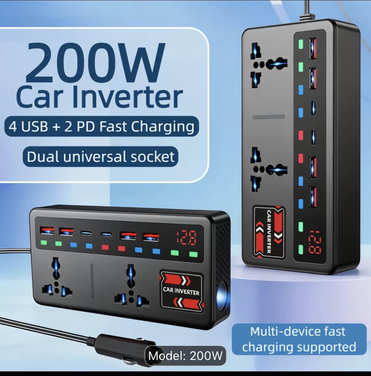 Car Inverter, 12V|24V to 110V/220V, High-Power Fast Charging, Universal Socket extension plugs for Cars/Trucks, 4 USB 2 PD Fast charging Power Converter with Voltage Display, 200W, Suitable for Mobile Phones, Computers, Etc