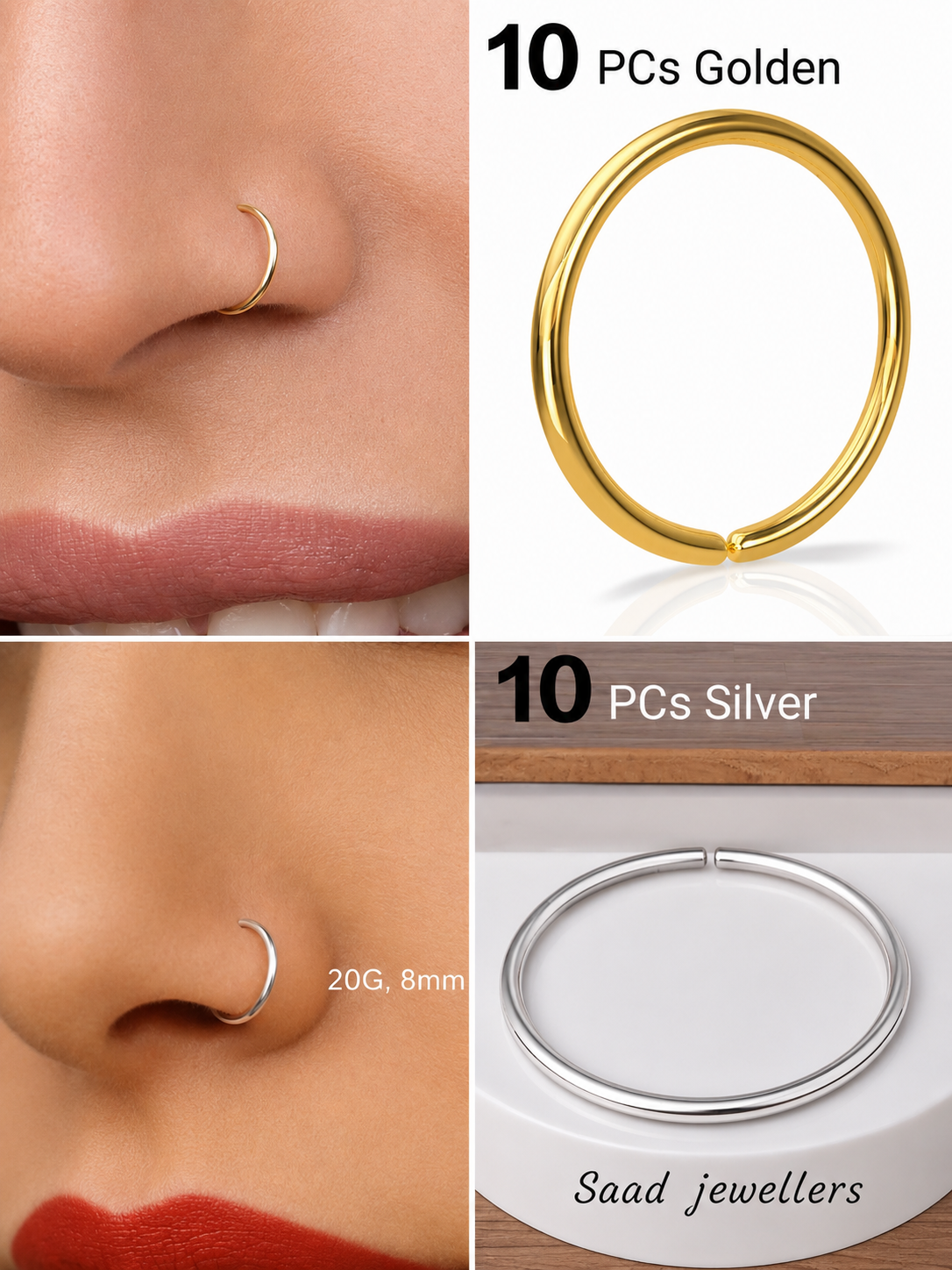 20 Pcs Golden And Silver Color Nose Ring Plain Nose Pin Stainless Steel Nose Stud For Women Girls Piercing Daily Casual Party Wear
