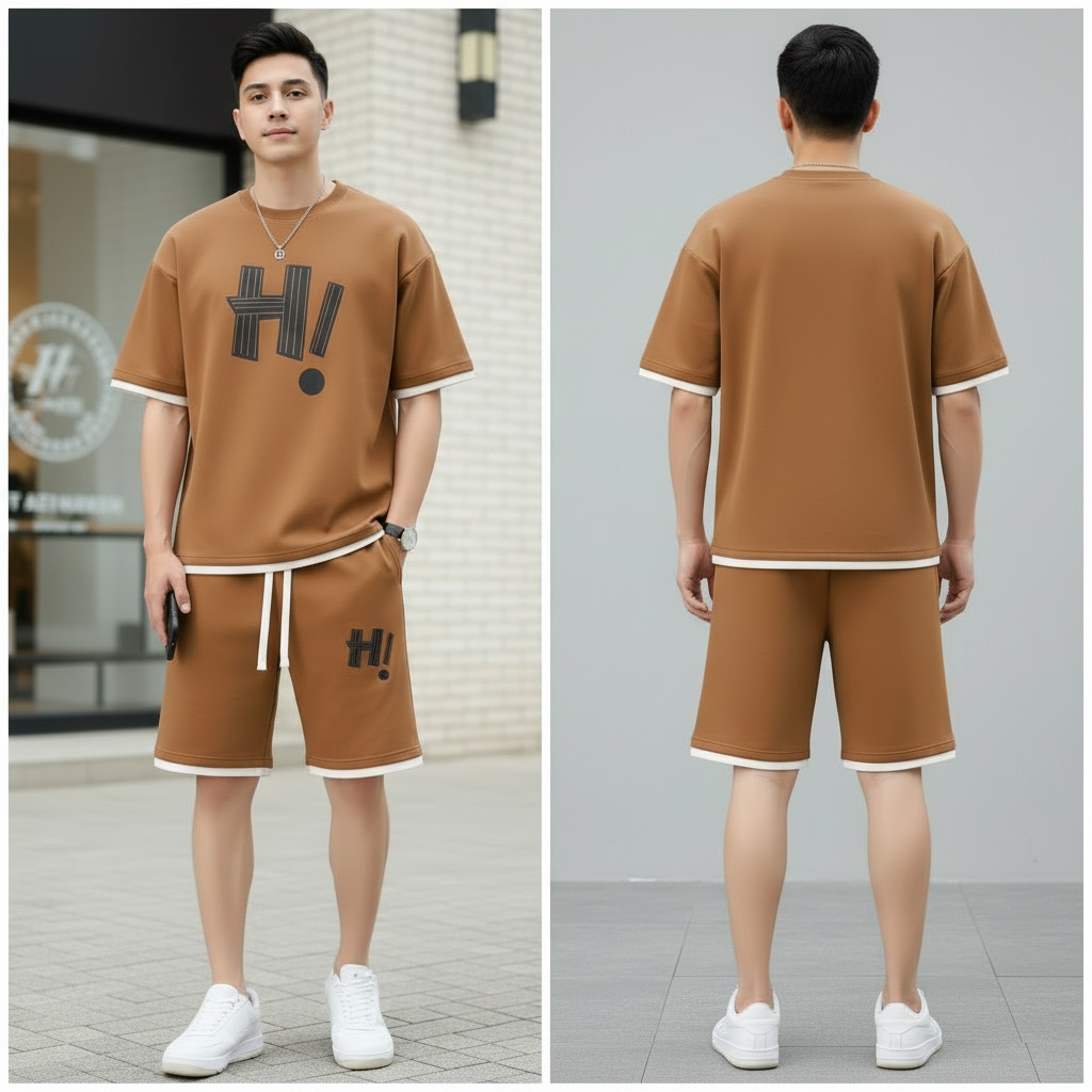Men's Brown Printed Summer Tracksuit Set (T-Shirt & Shorts)