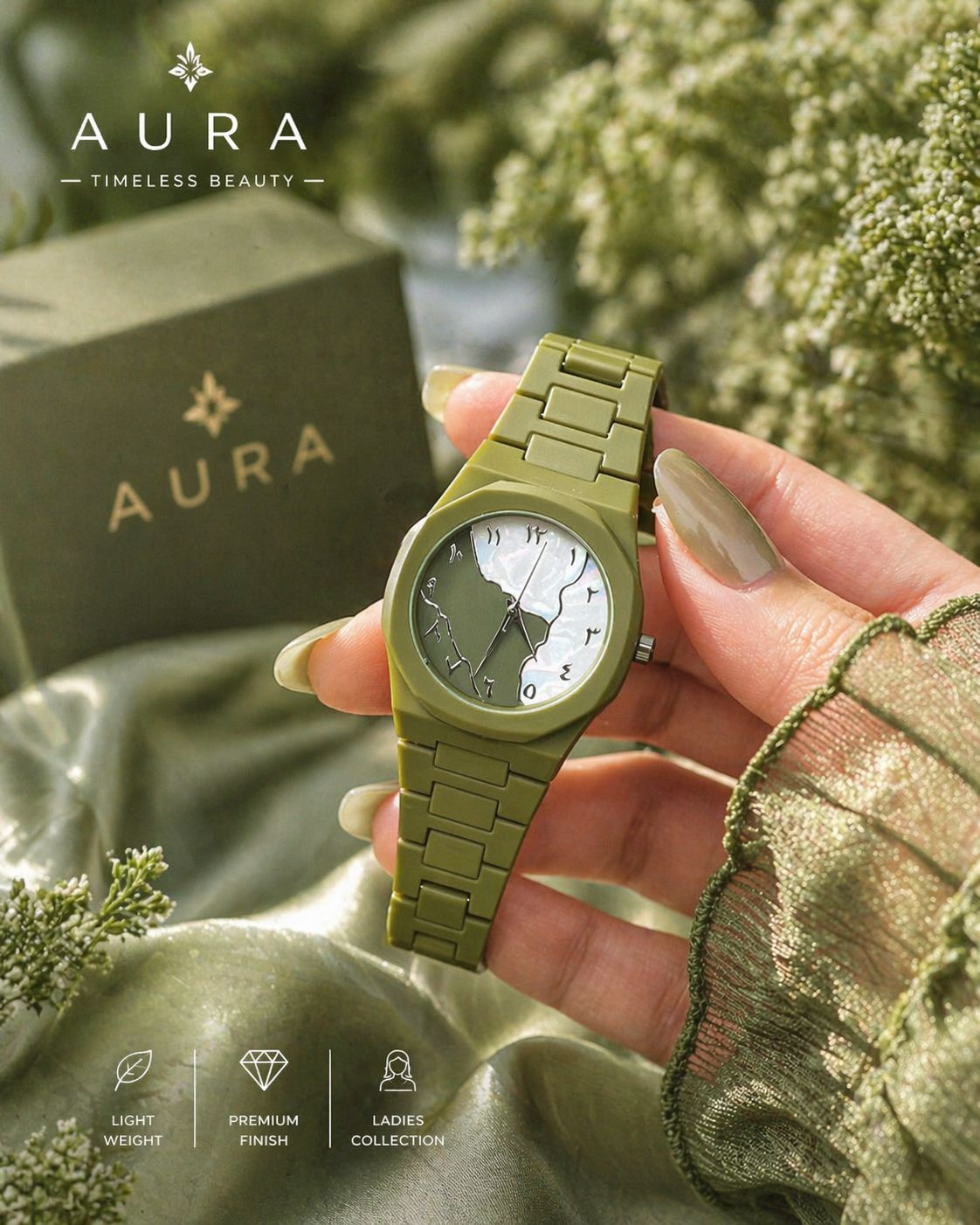*LADIES AURA*
watch Quartz movement 
Lite weight 
Butterfly lock
Great quailty & finishing 
Different Colours available 
*Best Quality!!!!*