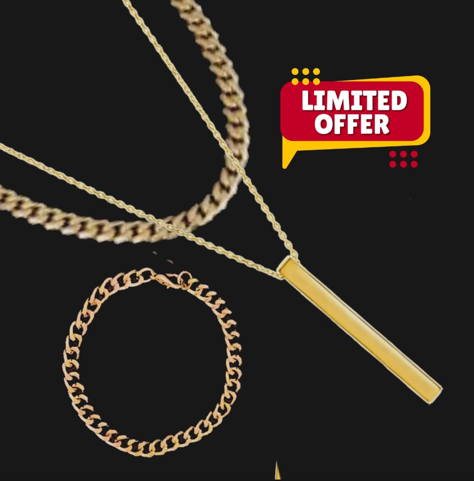 pack of 3-Top Fashion Men's 3D Vertical  Stainless Steel Bar Stick Locket+Cuban Braclate +Chain -Trendy Nacklace Gift For Men &Boys