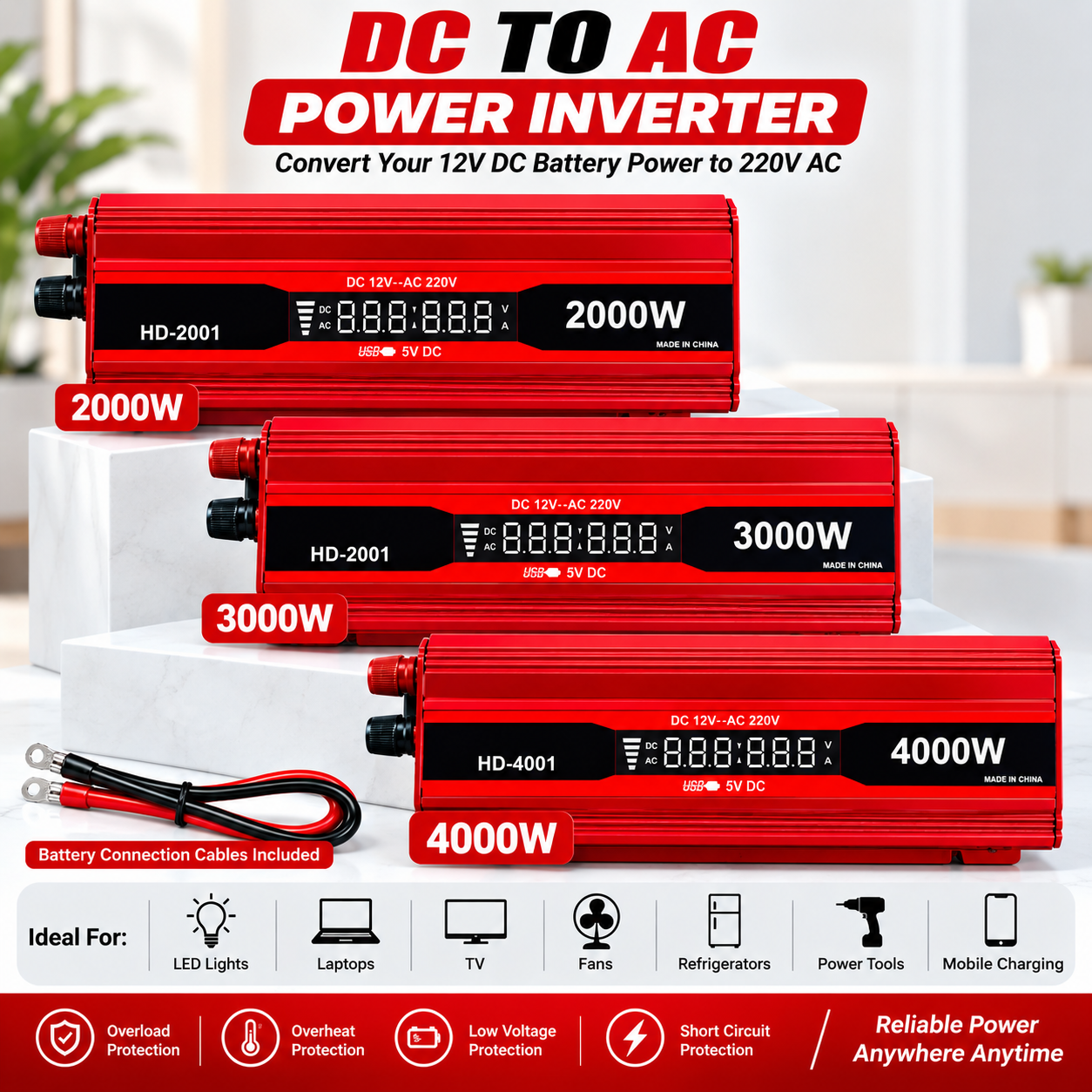DC to AC Converter 200w / 500w / 1000w / 1500w / 2000w / 2500w / 3000w / 4000w DC 12V to AC 220V Inverter with Display Screen For Fridge , Iron & Other Devices in Pakistan