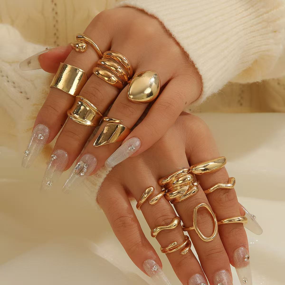 14PCS Retro Smooth Geometric Creative Irregular Gold Women's Ring Set, Suitable For Women's Daily Wear And  Decoration, Mult