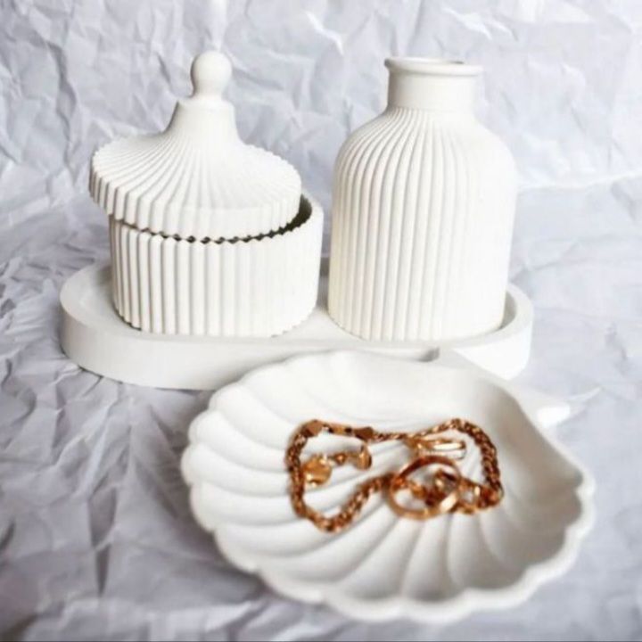 3 Pcs Set of Home Decor  1x Ribbed Concrete Mini Flower Vase, 1x Ribbed Concrete Trinket Jewellery Storage Box & 1x Oval Shaped Concrete Trinket Tray  Storage & Organisation  Decorative Accents  Jewellery Armoires & Boxes  Gift Sets