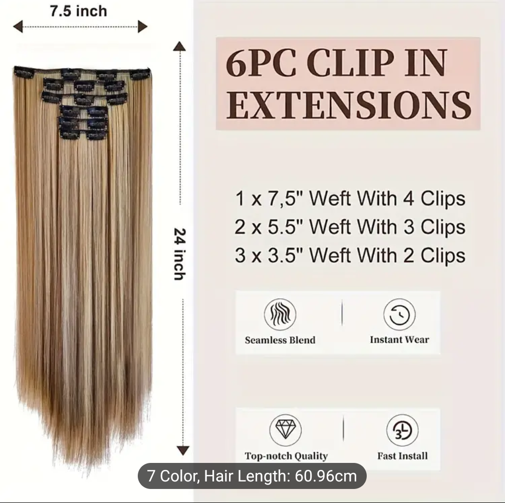 Clip-In Hair Extensions for Women 7 Pieces 16 Clips - Thick Long Lightweight Hairpiece - Jet Black, Brown, Golden & Burgundy