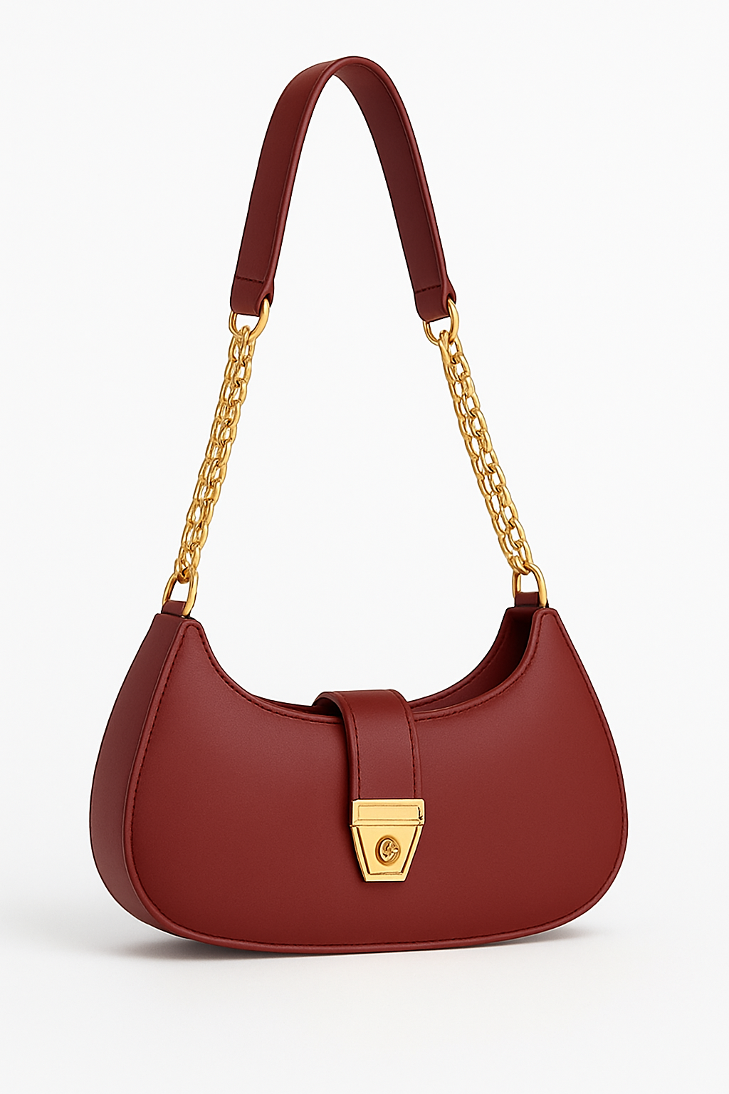 Trendy Faux Leather Crescent Bag – Gold Chain & Turn-Lock