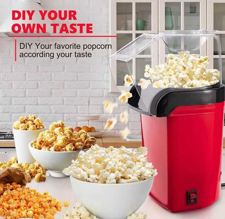 Red Electric Hot Air Popcorn Maker | Oil-Free Popcorn Machine | Automatic Corn Popper | Home Kitchen Popcorn Maker