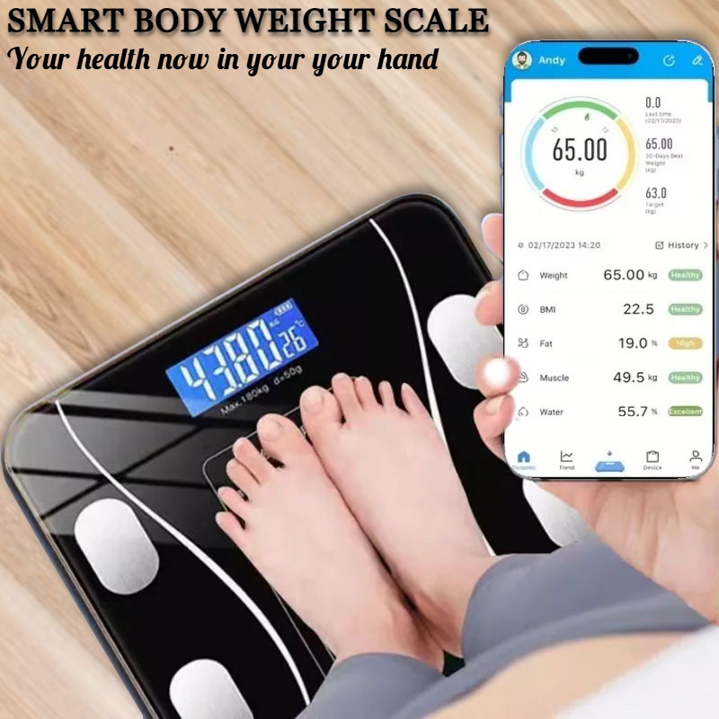 Bluetooth Smart Digital Weight Scale 180kg – Electronic Weighing Scale with Tempered Glass, Bathroom Fitness Scale, Body Fat & BMI Measurement, Smart Digital Body Weight Scale with App Sync for iOS & Android, Personal Health Machine