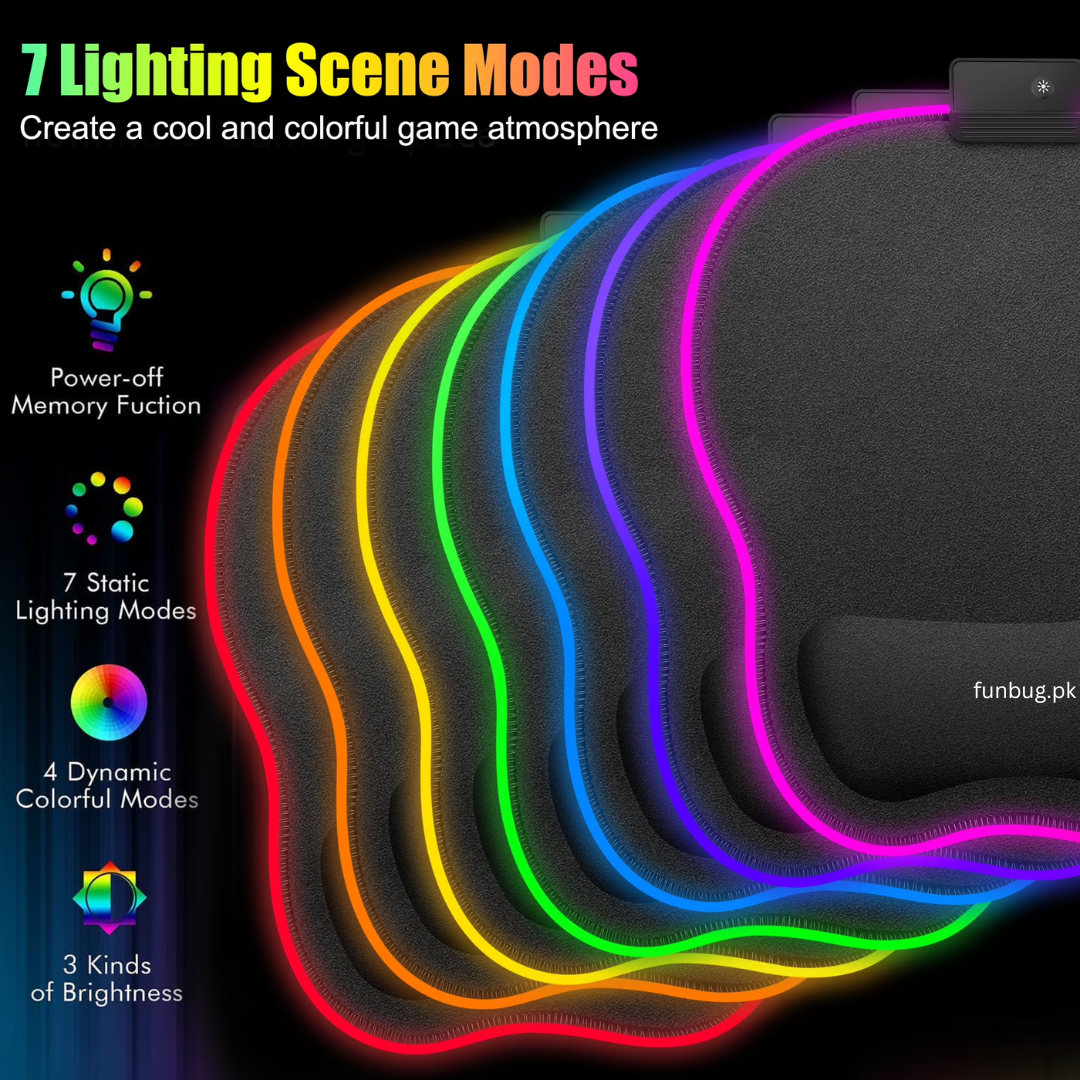 High-Quality XXL RGB Gaming Mouse Pad SMALL & Large Size with Gel Wrist Pad - Extended & Small Led Soft Cloth Mousepad Mat with Non-Slip Rubber Base & 14 Lighting Modes for Gamers, PC Computer, Laptop, Office - (800×300×4mm) - Black - FunBug