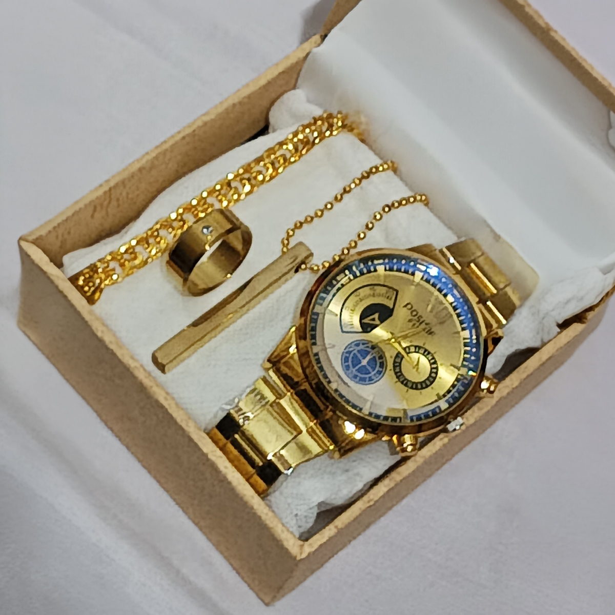 Pack of 4 Watch Set for Men Stainless Steel Fashion Watch Bracelet Ring and Locket Casual Style Multiple Colors