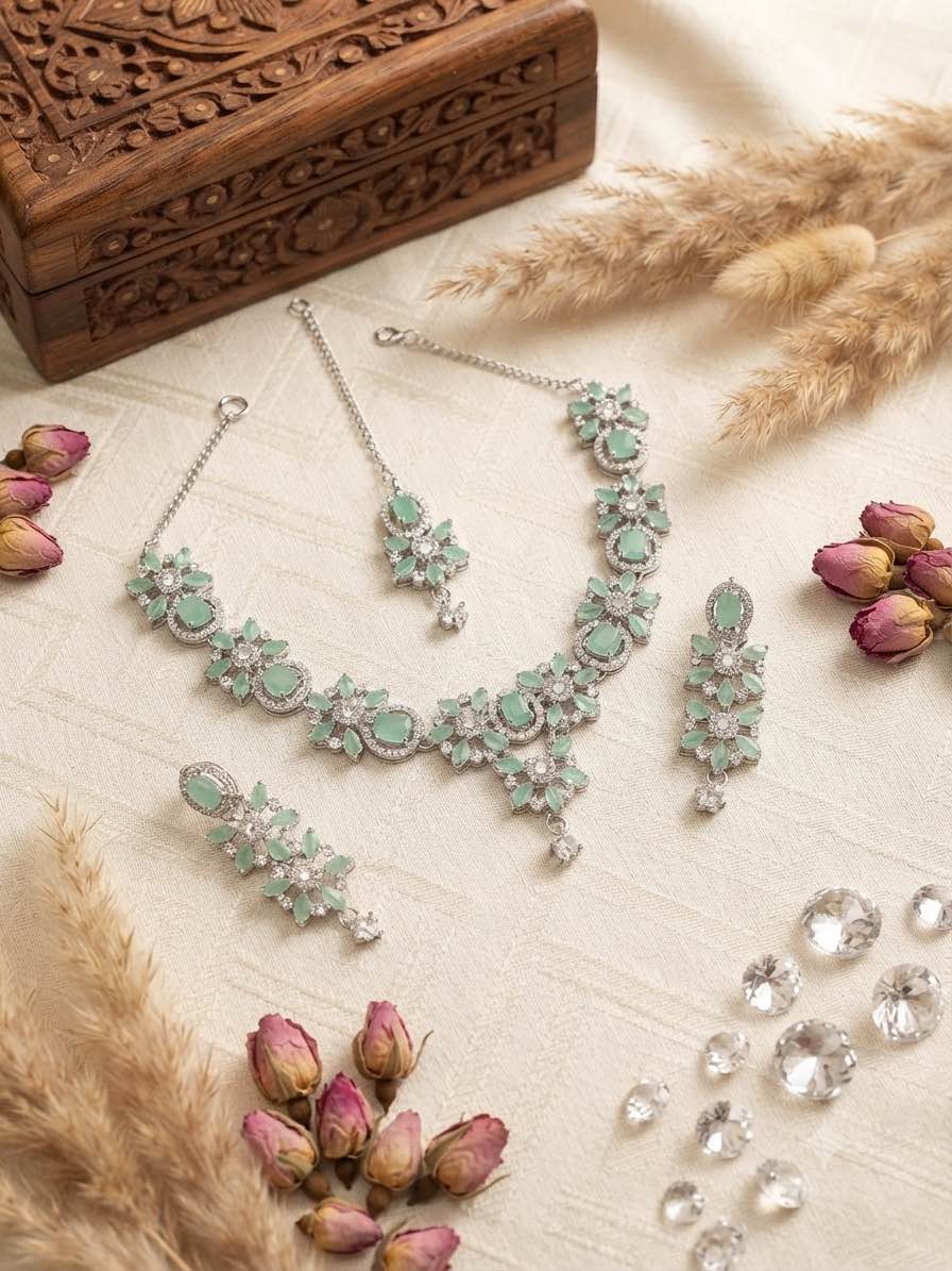 Elegant Floral Design  Stone Necklace Set with Matching Earrings and Tikka | Festive & Bridal Ethnic Jewelry set for girls and women