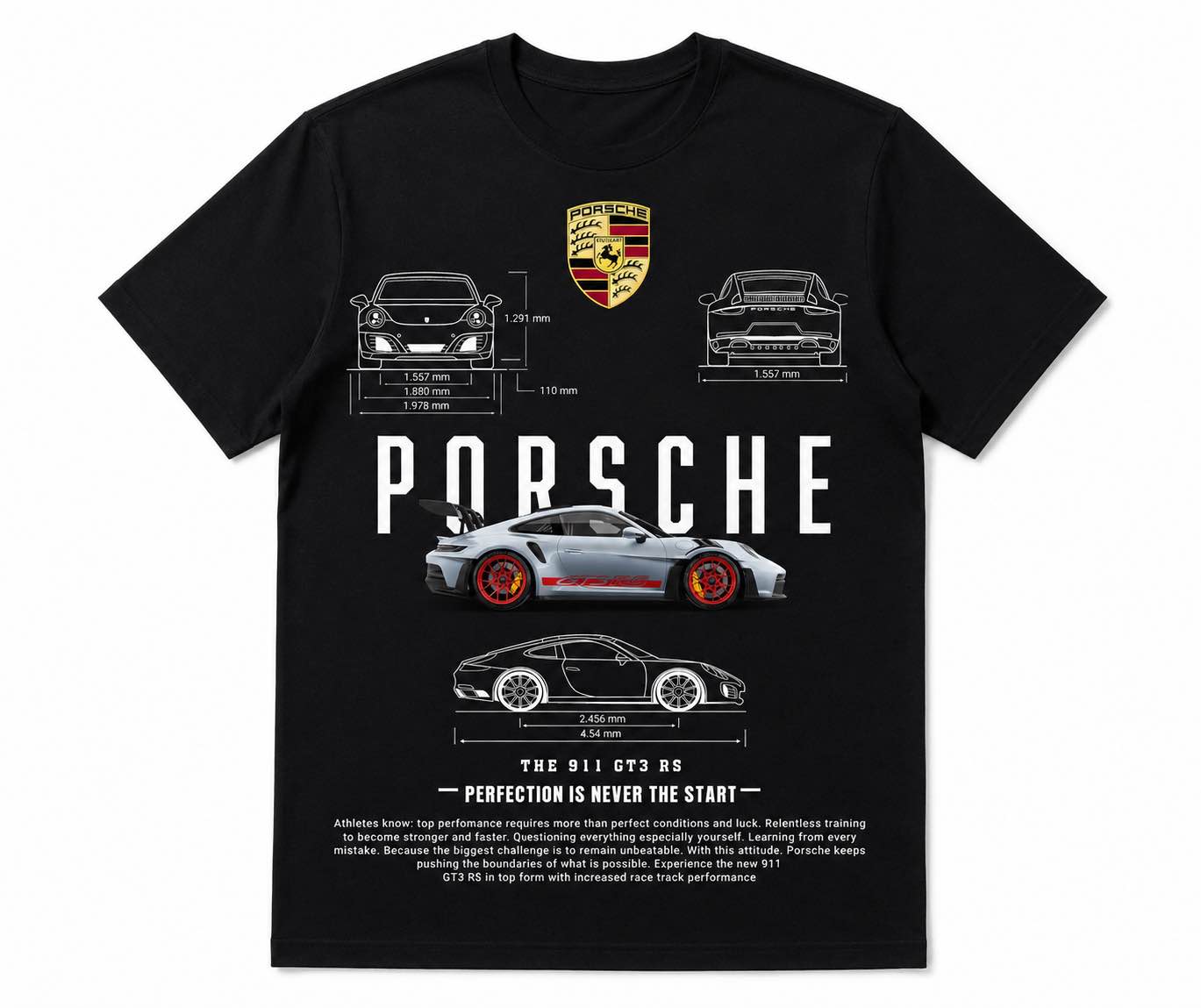 Porsche 911 GT3 RS Sublimated Graphic Printed Black T Shirt For Men | Premium Polyester Half Sleeve Round Neck Sports Car Racing Design Tee | Casual Streetwear