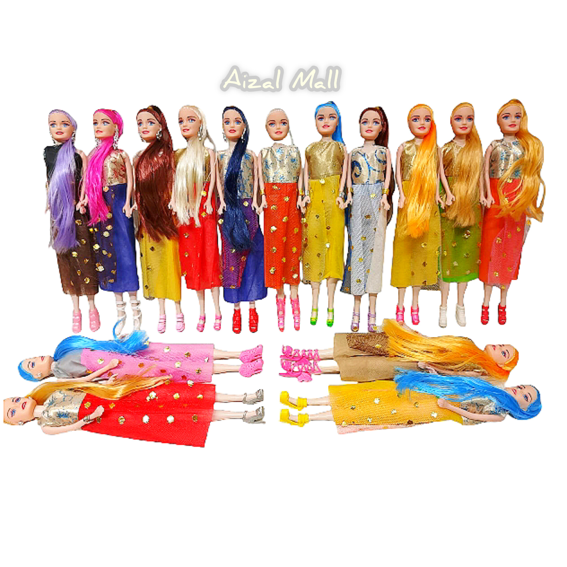 Barbie doll with a sparkling top, gown dress, and sandals toy for kids. A colorful doll for girls (with a random dress).