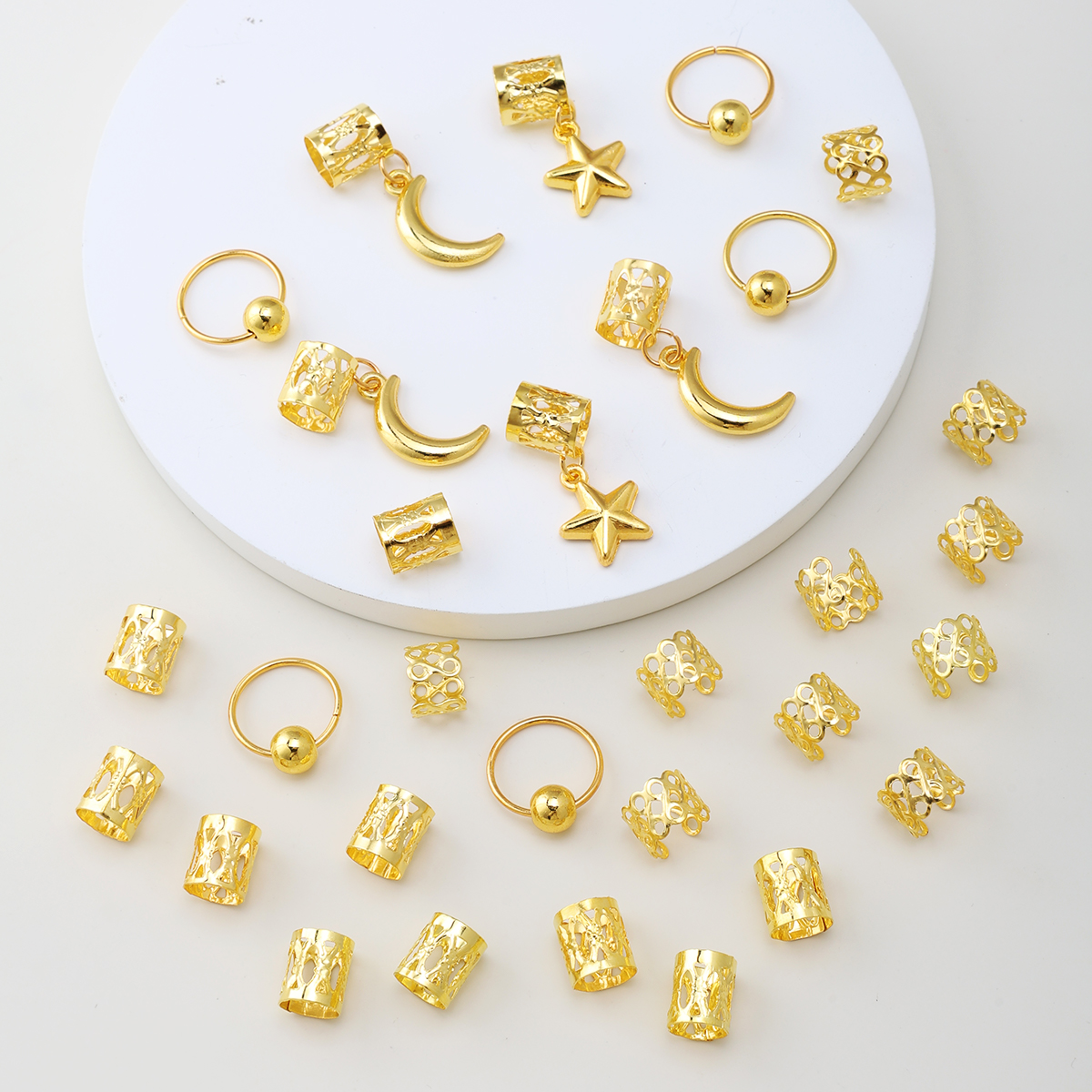 Golden Star Moon Hair Rings Set 30PCS Dreadlock Hair Cuffs Braid Accessories