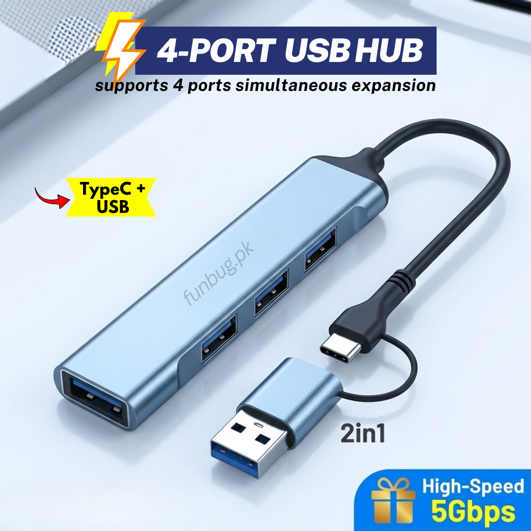 FunBug USB 3.0 Hub 4, 7 & 8 Port Extension for Mobile Gaming PC Laptop ~ Super-fast Type-C Multi Splitter Adapter with SD/TF/AUX for Windows / Android / PS4 / Phone / Tablet / Computer / Keyboard & Mouse