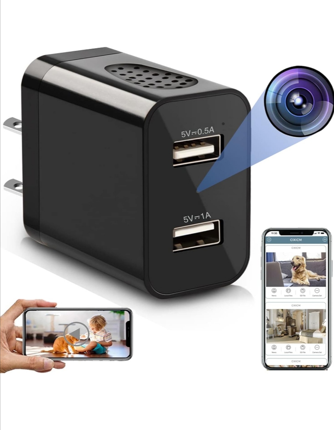 Charger camera
- Mobile charger camera
- Wireless WiFi camera with remote view
- Black camera with top view
- White wall outlet camera
- Mini charger camera
- Video and voice recording camera