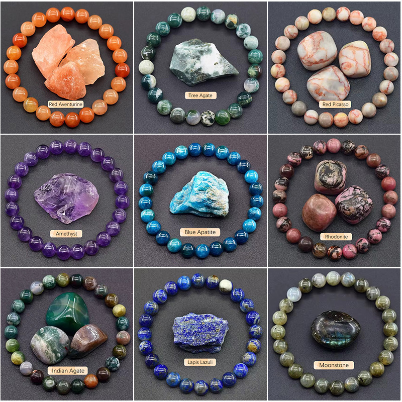 Natural Stone Bead Bracelet For Lady Men Tigers Eye Amethyst Red Agate Turquoise Elastic Bangle Health Protection Body-Purifying