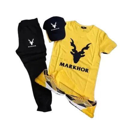 Markhor printed gym wear round neck tshirt + trouser soft and comfy tracksuit for men -yellow