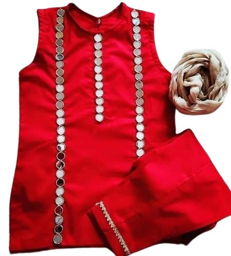 Girls' Cotton 2-Piece Suit | Mirror Work Kurta & Trouser