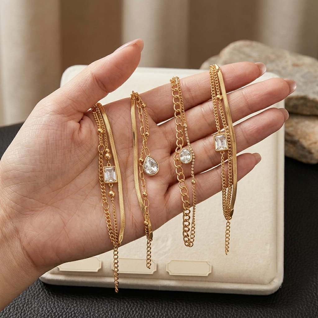 Classic Gold-Tone Jewelry For Women double-strand bracelet,  Fashion Trend Luxury combining a link chain with a delicate cubic zirconia tennis chain. Bracelet Best for Gift by Gleam & Grace