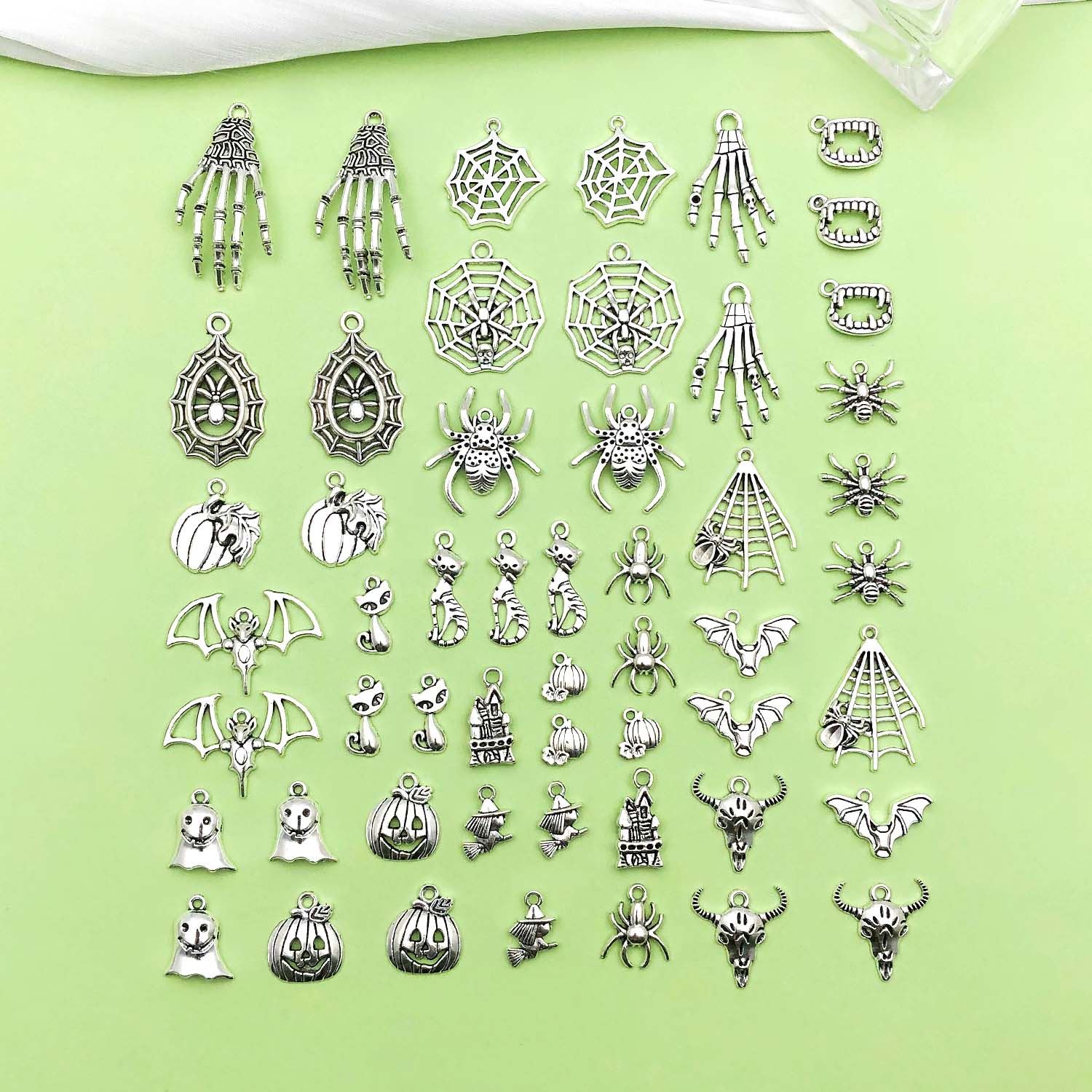 30/50pcs Halloween Decoration Charms Alloy Skull Spider, Ghost, Wizard, Bat, Pumpkin Pendants For DIY Jewelry Making Accessories