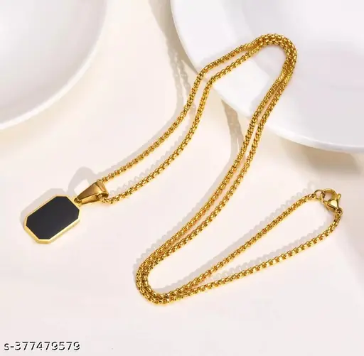 "Men's Stainless Steel Black Rectangle Pendant Necklace – Gold & Silver Chain
