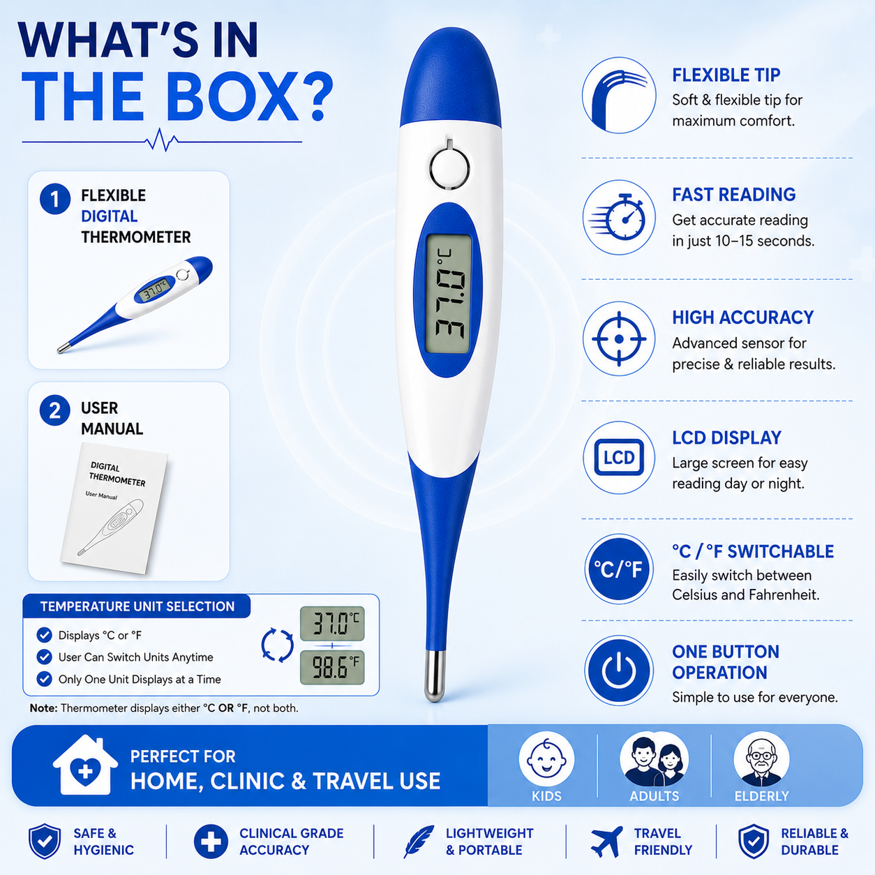 Digital Thermometer |  Fast Reading | Fever Alarm | LCD Display | Celsius & Fahrenheit | Combo Pack
