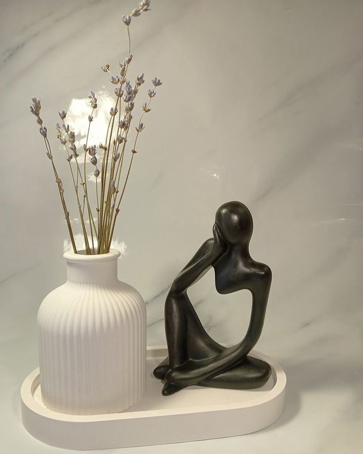 Set of 3 Home Decor Showpiece – Thinker Statue + Mini Vase + Oval Tray | Cement & Gypsum | Gift for Home, Office