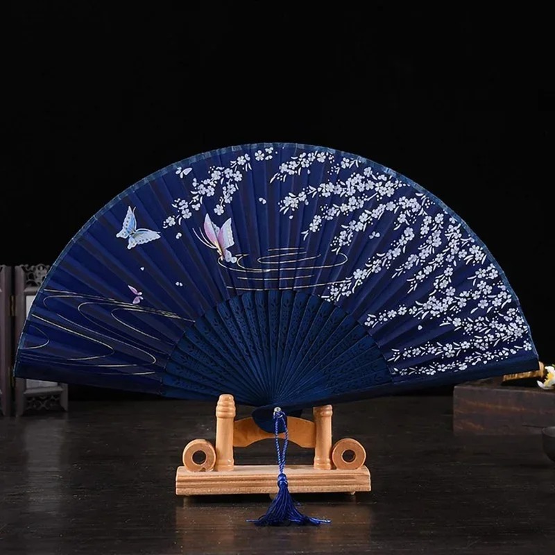 1Pc Vintage Silk Folding Fan Retro Chinese Japanese Bamboo Folding Fan Tassel Dance Hand Fan Home Decoration Ornament Craft 