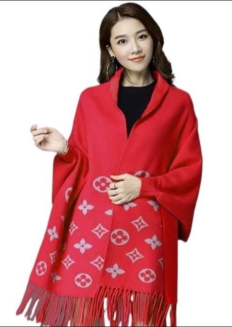winter collection women cap shawl in fleece fabric red colour