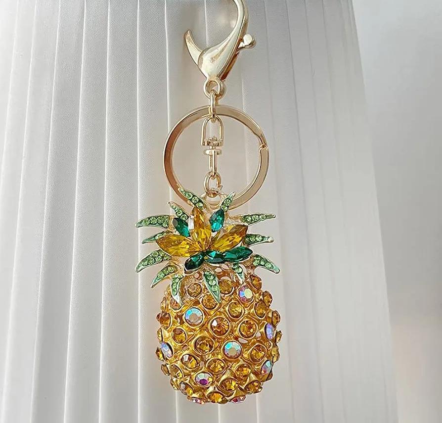 Bling Rhinestone Pineapple Keychain Luxury Crystal Keyring - Cute Fruit Metal Key Chain, Sparkling Bag Hanging Charm for Women Purse Handbag Backpack, Gold Metallic Key Holder, Glittery Birthday Gift Accessories