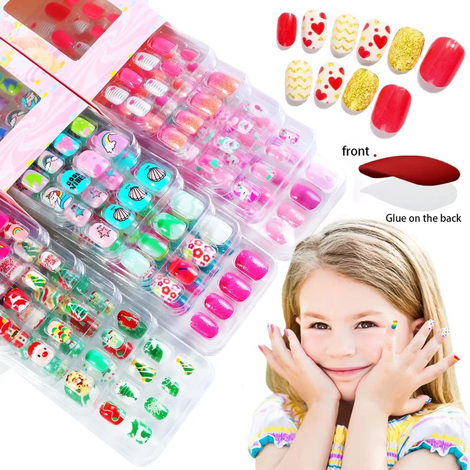 24 Pcs Kids False Nail Press on Nails Kids Teens Girls Full Cover Short
