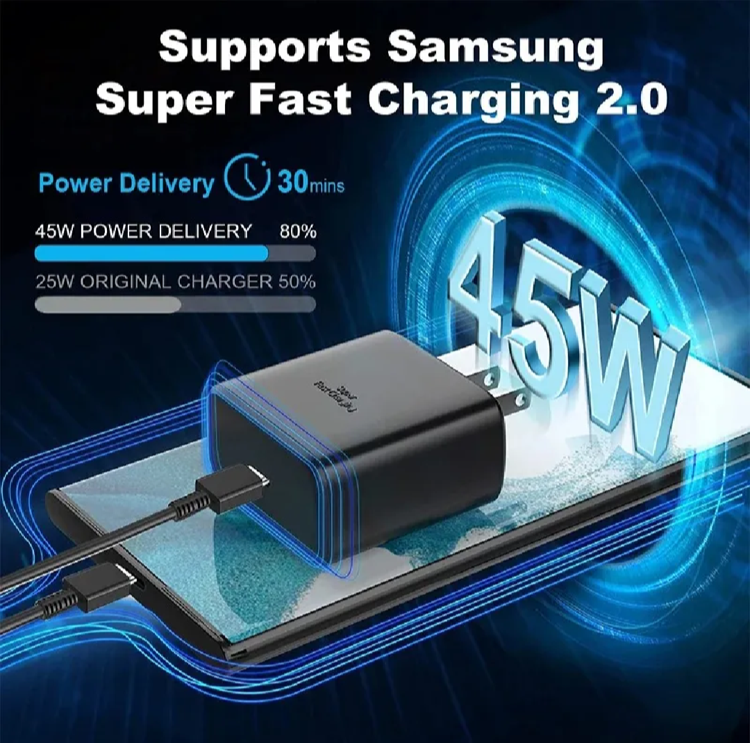 Original 45w PD 2.0 Super Fast Option Adapter With Type-C To Type-C Cable For All Androids Phones_Best For S20,S21,S22 Ultra ,A59, A32, S10, Note10,S8