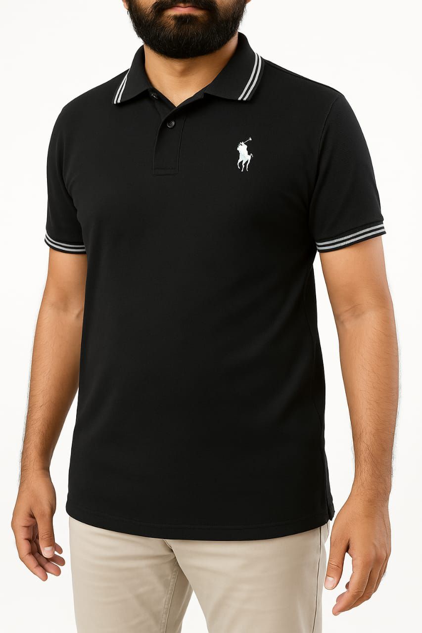 "Men's Black Polo T-Shirt Made from High-Quality Jersey Fabric"