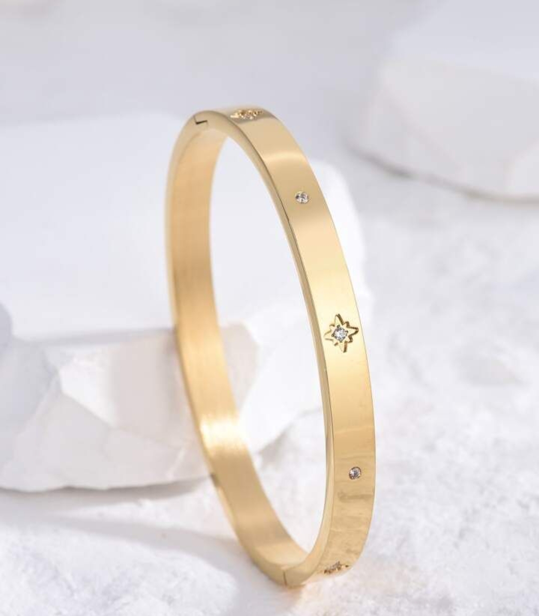Premium Stainless Steel Openable Bangle Bracelet for Girls & Women – Trendy Golden Starburst Crystal Studded Kara Style Fashion Jewelry