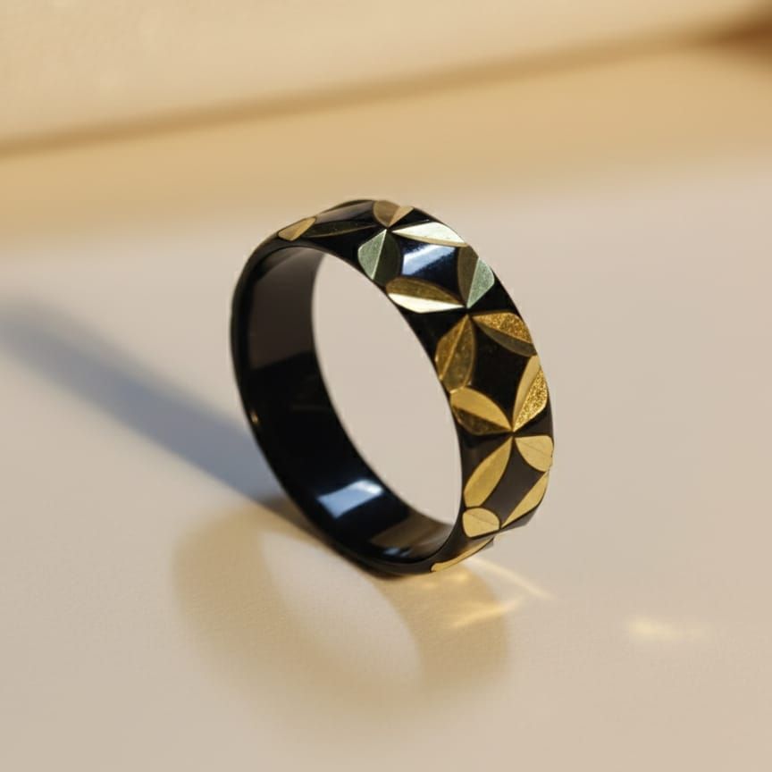 Golden Geometric Mosaic Ring The high-contrast combination of Black Enamel or polished ceramic/onyx and Golden Noir" or "Tuxedo" jewelry styles | Fantastic Ring ECG stainless steel ring promise heartbeat ring For men & women(Couples)