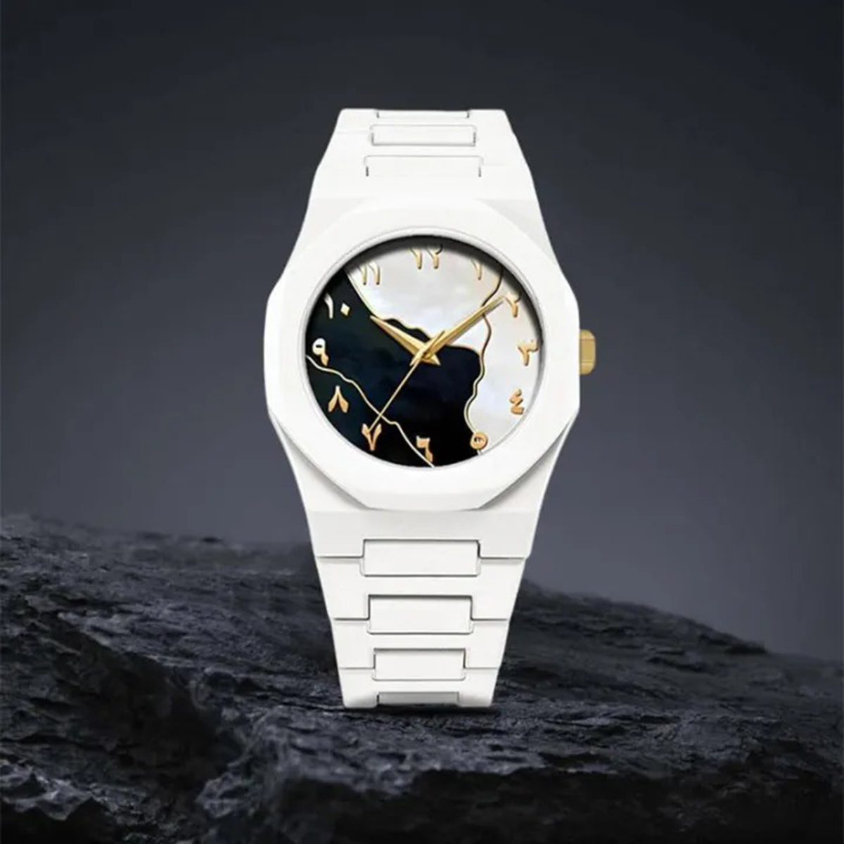 Bin-b Arabic Aura Watch for Men and Boys Fiber Strap Quartz Watch Fashion and Trendy Style White and Black