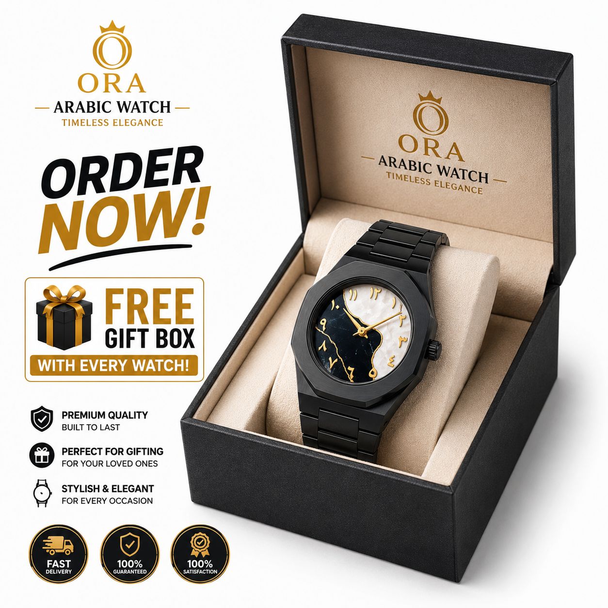 ORA Arabic Marble Dial Watch for Men & Women | Premium Stainless Steel Wrist Watch | FREE Luxury Gift Box | Elegant Fashion Watch | Perfect Gift