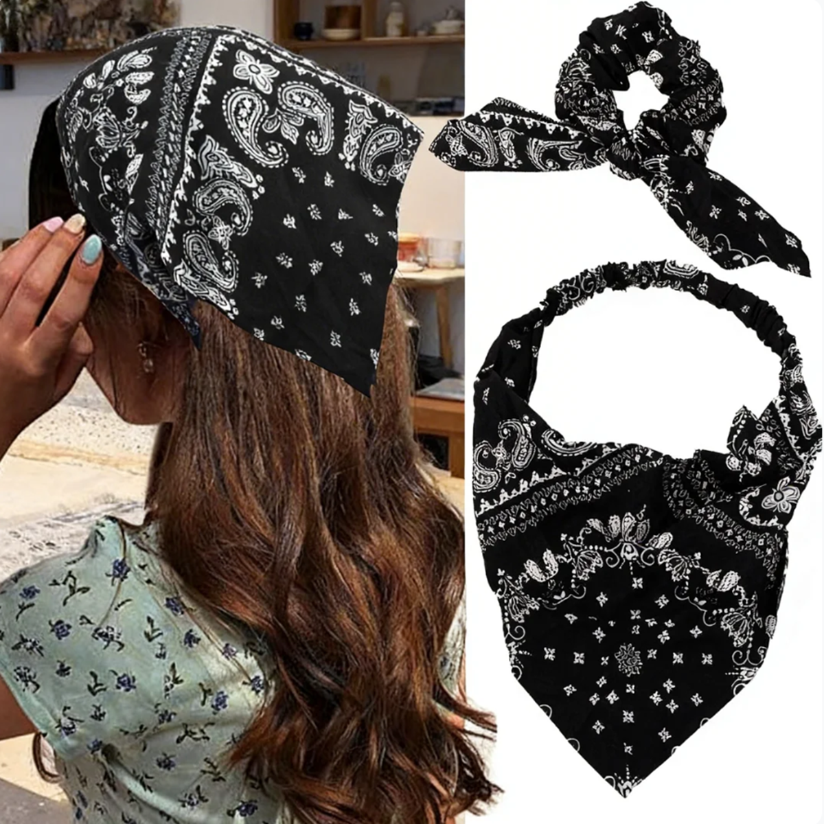 Vintage Paisley Bandana Hair Accessories Set for Women Black White Boho Style Cotton Blends Tri Angle Headband Scrunchie Scarf