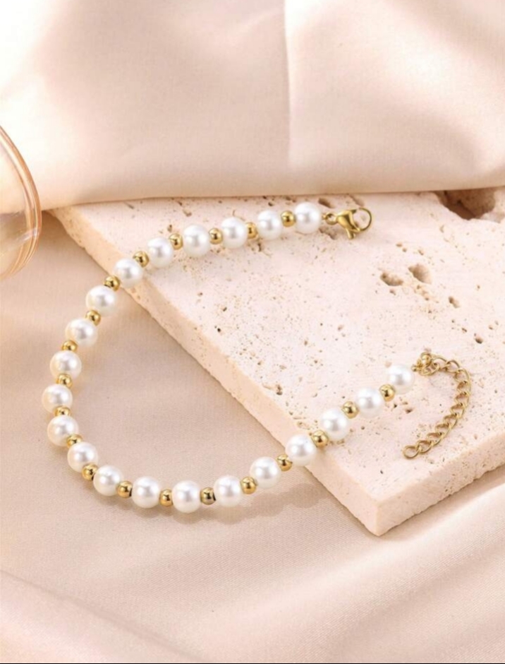 1pc Fashionable Stainless Steel & Faux Pearl Beads Decorated Beaded Bracelet Suitable For Women's Daily Wear.