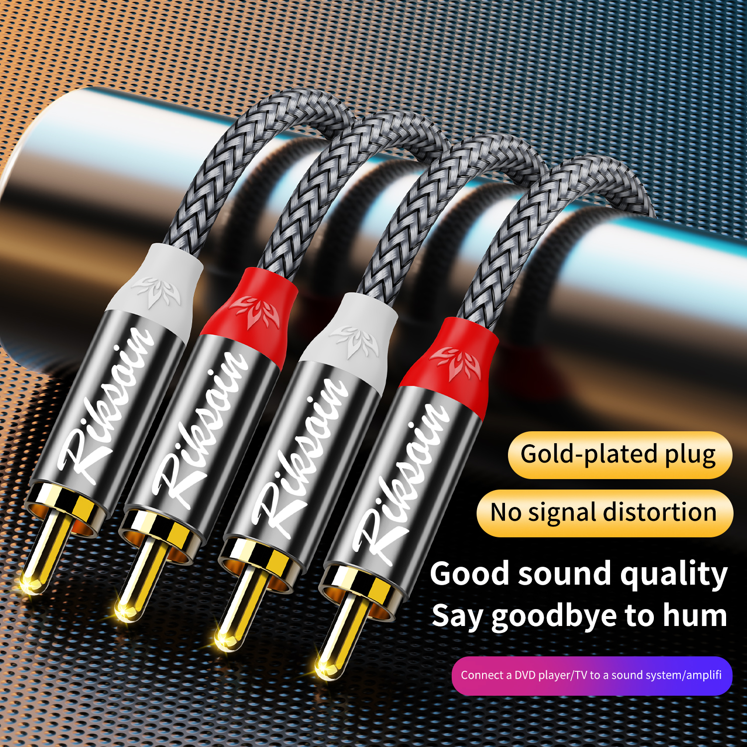 Riksoin 2RCA to 2RCA Audio Cable, Dual RCA Stereo, Nylon Braided, Heavy Duty, for DVD/Computer/TV/Amp/Subwoofer/Speaker, Premium