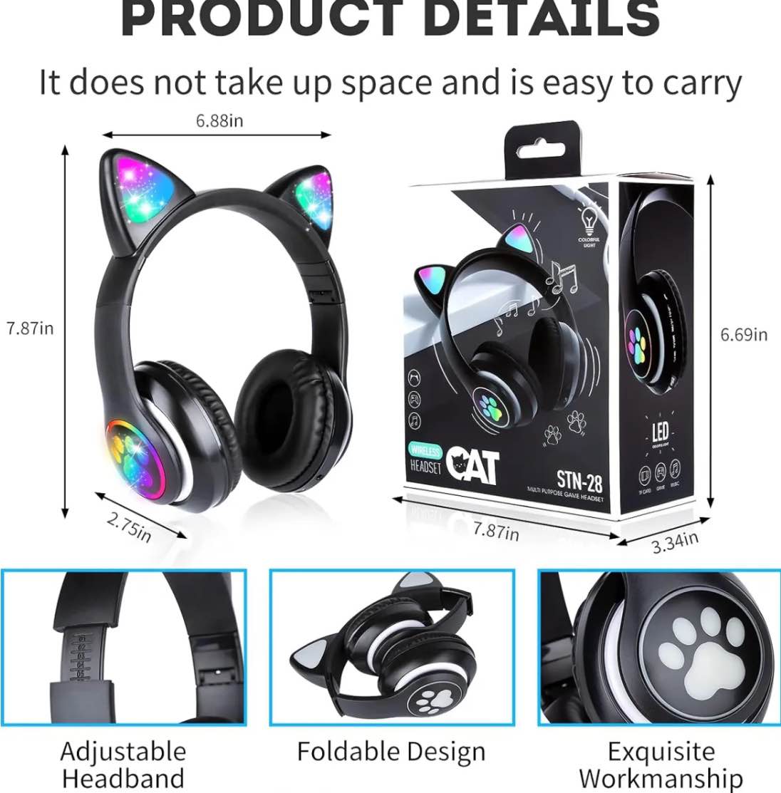 STN-28 Cat Wireless Headphones Bluetooth Over-Ear Headset with Cute Cat Ears